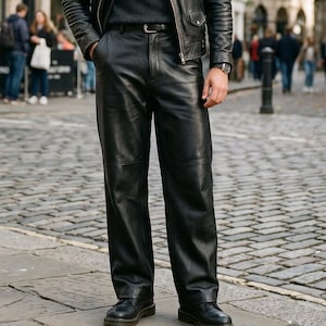 Men's Wide Leg Leather Pants, Loose-Fit Black-Leather Trousers, Genuine Leather Straight-Leg Pant, Urban Streetwear