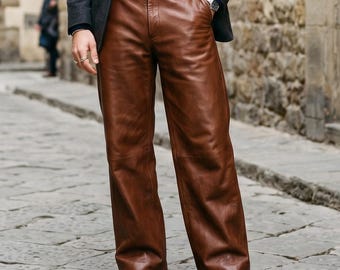Men's Wide Leg Leather Pants, Brown-Leather Trousers for Men, Straight-Fit Streetwear Leather-Trousers, Genuine-Leather-Pants Gift-for-Him
