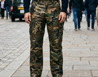 Men Wide Leg Leather Pants, Camouflage Lambskin Cargo Trousers, Baggy-Leather-Pants, Goth Tech-wear Streetwear Camo-Pants