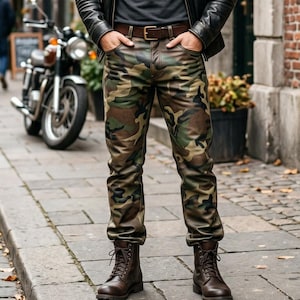 May include: A black leather jacket worn over a dark grey t-shirt, paired with camouflage print trousers featuring a brown leather belt and dark brown lace-up boots. The outfit is worn by a person with a beard standing on a cobblestone street.