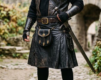 Mens Black Leather Kilt, Gladiator Skirt | Medieval Warrior Cosplay-Costume, Viking LARP Pleated-Utility-Kilt, Gothic-Punk Festival-Outfit