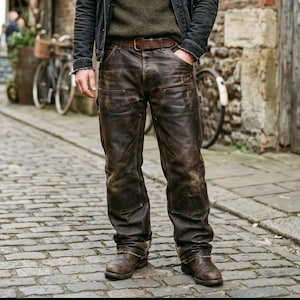 Leather Cargo Pants Men | Distressed Brown Leather Trousers | Wide Leg Leather-Pants | Loose-Fit Motorcycle-Jeans | Punk-Rock-Clothing