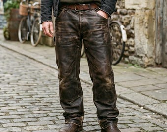 Leather Cargo Pants Men | Distressed Brown Leather Trousers | Wide Leg Leather-Pants | Loose-Fit Motorcycle-Jeans | Punk-Rock-Clothing
