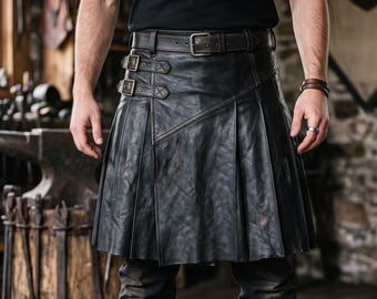 Black Leather Kilt Men, Gladiator Skirt Cosplay, Lambskin Utility Kilt, Gothic-Punk Warrior-Skirt, Festival-Rave Costume-Wear