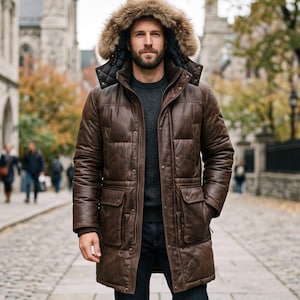 May include: A brown leather parka featuring a quilted texture, a front zipper closure with snap buttons, two large flap pockets, and a hood lined with thick faux fur trim. The jacket is worn over a dark gray sweater and dark blue denim jeans.