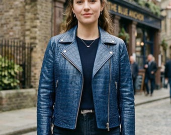 Blue Crocodile Leather Jacket Women / Genuine Leather Biker-Jacket / Exotic-Textured Blue-Moto-Coat / Handmade Embossed-Leather / Gift