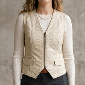 May include: Cream-colored vest with a snakeskin pattern, featuring a front zipper and two small pockets. The vest is worn over a white long-sleeved shirt and paired with dark gray pants. A brown belt is visible.