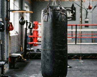 Vintage Black Leather Punching Bag | Heavy Boxing-Bag, Retro Boxing Equipment, Home Gym-Decor, Personalized Gift-For-Him