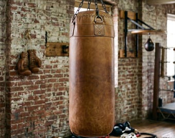 Vintage Leather Punching Bag, Retro Boxing Heavy-Bag, Unfilled Cowhide Sandbag, Old-School Gym-Decor, MMA Gear