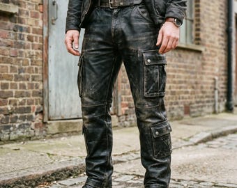 Men's Cargo Pants | Distressed Black Leather Trousers | Multiple-Pocket-Pants Soft | Biker Style Genuine-Leather Cargo Men