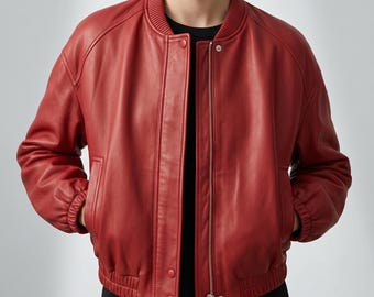 Red Leather Bomber Jacket for Women, Genuine-Lambskin Leather-Coat, Soft Red-Biker-Jacket, Oversized Leather Outerwear