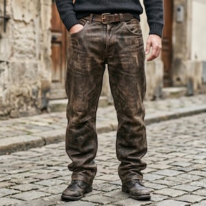 K&ouml;nnte beinhalten: Abgenutzte braune Lederhose mit geradem Schnitt, klassischem F&uuml;nf-Taschen-Design und passendem braunen Lederg&uuml;rtel mit Metallschnalle. Die Hose weist sichtbare Nahtdetails an den Knien auf und wird mit dunkelbraunen Lederstiefeln kombiniert.