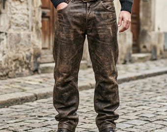 Men Distressed Brown Leather Pants | Baggy Leather-Trousers | Wide-Leg Leather-Pants-Men | Handmade Genuine-Leather-Jeans | Gift for Him