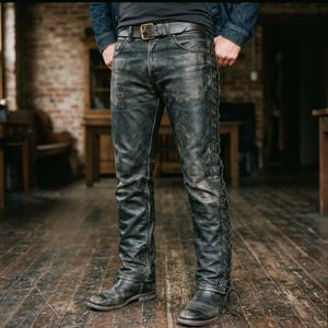 Men Distressed Black Leather Pant | Side Lace-Up Motorcycle-Pants | Biker Cowboy Leather-Trousers | Heavy-Duty Riding-Gear | Gift-for-Him