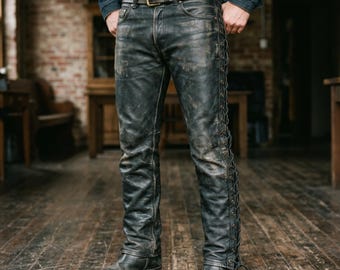 Men Distressed Black Leather Pant | Side Lace-Up Motorcycle-Pants | Biker Cowboy Leather-Trousers | Heavy-Duty Riding-Gear | Gift-for-Him