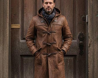 Men's Brown Leather Duffle Coat | Vintage Hooded Mid-Length-Parka | Handmade Distressed Cowhide-Jacket | Gift-for-Him / Winter Trench-Coat
