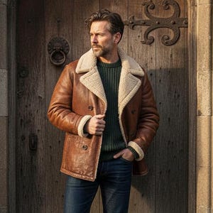 May include: A brown leather jacket with a cream-colored shearling lining and collar. The jacket has a double-breasted design and is worn over a green sweater and blue jeans. The person is wearing brown leather boots.