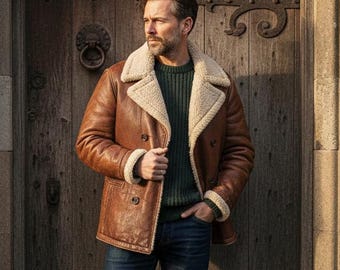 Men Brown Leather Pea Coat | Vintage Shearling Sheepskin-Jacket | Winter Double-Breasted Overcoat | Handmade Distressed-Leather Trench-Coat