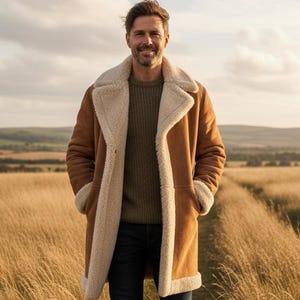 May include: A brown shearling coat with a cream-colored lining and collar. The coat is worn over a green sweater and dark blue jeans. The person is walking on a path through a field of tall grass.