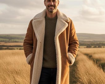 Men's Sheepskin Shearling Coat | Brown-Suede Leather Mid-Length-Jacket | Winter Fur-Lined Trench-Coat | Handmade Suede-Overcoat Men Gift