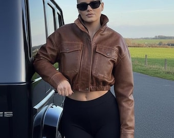 Women's Cropped Brown Leather Jacket | Vintage Leather Bomber | Oversized Short Leather-Coat | Extreme Crop-Top-Jacket | Handmade-Streetwear