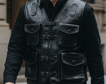 Crocodile Leather Utility Vest | Handmade Black Exotic-Texture Gilet | Designer Streetwear Body Warmer / Luxury-Men's Biker-Waistcoat