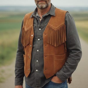 Western Suede Fringe Vest for Men | Brown Leather Cowboy Waistcoat | Handmade Biker-Outerwear / Gift-for-Him / Rugged-Ranch-Style