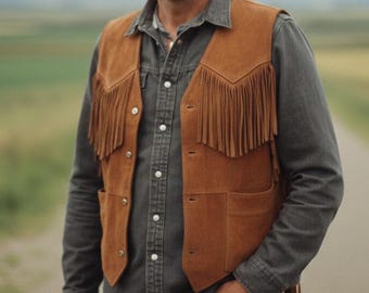 Western Suede Fringe Vest for Men | Brown Leather Cowboy Waistcoat | Handmade Biker-Outerwear / Gift-for-Him / Rugged-Ranch-Style