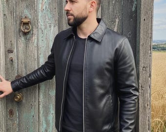 Men's Black Leather Jacket with Shirt Collar | Slim-Fit Minimalist Zip-Up Jacket / Gift for Him