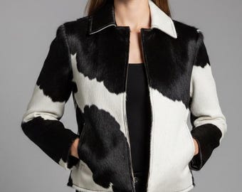 Women's Hair on Hide Leather Jacket | Black White Cowhide Coat | Real-Fur Moto-Jacket | Western-Cow-Print-Outerwear | Handmade-Luxury-Gift