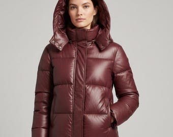 Burgundy Puffer Jacket Women | Lambskin Leather-Puffer | Detachable Hooded Leather-Coat | Handmade Sheepskin-Puffer | Winter Leather Apparel