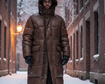 Men's Long Leather Puffer Jacket with Hood | Dark-Brown Full-Grain Leather Trench-Coat | Winter-Parka-Men  Handmade Quilted-Leather-Overcoat