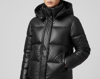 Women's Black Leather Puffer Jacket | Hooded Lambskin Puffer | Handmade Genuine Leather-Coat | Removable Hood Winter-Jacket