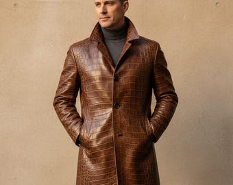 Men's Brown Leather Car Coat | Crocodile Embossed Leather-Jacket | Luxury Exotic Texture-Overcoat / Handmade Brown-Trench / Gift-for-Him