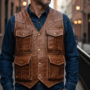 May include: A brown leather vest with a crocodile skin texture. The vest has four front pockets and is fastened with gold-coloured buttons. The vest is worn over a blue denim shirt.