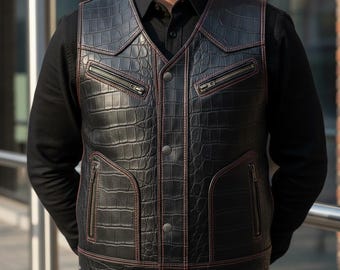 Black Crocodile Leather Vest Men | Red Stitching Biker-Club Waistcoat | Embossed Leather Motorcycle-Vest | Custom-Leather Sleeveless-Jacket