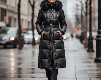 Black Leather Puffer Coat Women | Long-Leather-Parka with Hood | Real-Sheepskin Quilted-Jacket | Winter Trench-Coat | Handmade Puffer-Jacket