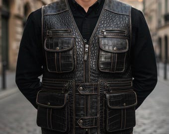 Crocodile Leather Hunting Vest | Black Textured Utility Waistcoat | Handmade Men's Exotic Gilet / Premium-Leather Armor