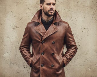 Men’s Leather Pea Coat / Brown-Double Breasted-Jacket / Full-Grain-Cowhide Naval-Coat / Handmade Winter-Leather-Blazer / Gift for Men Cognac