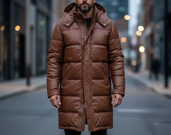 Bruine leren pufferjas heren | Lange leren parka met capuchon | Winterjas van echt schapenvacht | Warme gewatteerde trenchcoat | Cadeau-voor-hem