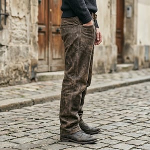 K&ouml;nnte beinhalten: Eine dunkelbraune Hose mit Used-Look, sichtbaren N&auml;hten, klassischem F&uuml;nf-Taschen-Design und geradem Schnitt. Die Hose hat eine verwitterte, strukturierte Oberfl&auml;che und wird mit dunkelbraunen Lederstiefeln kombiniert.