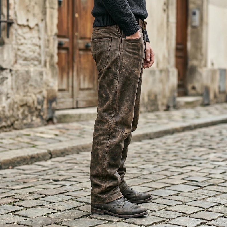 K&ouml;nnte beinhalten: Eine dunkelbraune Hose mit Used-Look, sichtbaren N&auml;hten, klassischem F&uuml;nf-Taschen-Design und geradem Schnitt. Die Hose hat eine verwitterte, strukturierte Oberfl&auml;che und wird mit dunkelbraunen Lederstiefeln kombiniert.