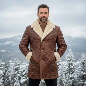 Herrkappa i krokodilskinn | Brun jacka med krokodilprägling och pälsfoder | Handgjord vintertrenchcoat | Överrock i exotiskt skinn | Present till honom