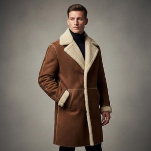 May include: A brown shearling coat with a cream-coloured shearling lining and collar. The coat features a classic design with a button closure and pockets. A warm and stylish outerwear option for cold weather.