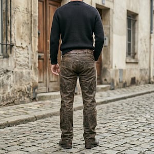 K&ouml;nnte beinhalten: Ein schwarzer, lang&auml;rmeliger Pullover mit Rippstrickmuster kombiniert mit einer braunen, gewachsten Jeanshose. Die Hose hat ein klassisches F&uuml;nf-Taschen-Design mit einem Lederaufn&auml;her am hinteren Bund, G&uuml;rtelschlaufen und Metallnieten an den Taschen.