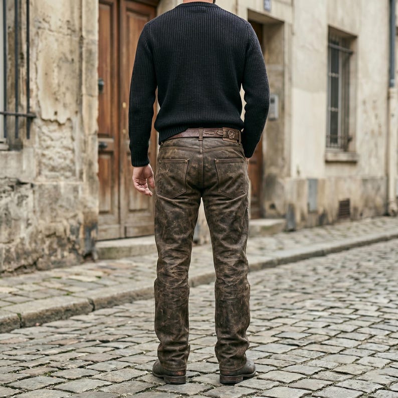 K&ouml;nnte beinhalten: Ein schwarzer, lang&auml;rmeliger Pullover mit Rippstrickmuster kombiniert mit einer braunen, gewachsten Jeanshose. Die Hose hat ein klassisches F&uuml;nf-Taschen-Design mit einem Lederaufn&auml;her am hinteren Bund, G&uuml;rtelschlaufen und Metallnieten an den Taschen.
