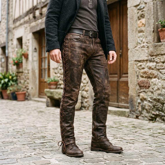 Men's Distressed Brown Leather Pants Side Lace Up | Vintage-Motorcycle Trousers Biker-Gear | Handmade Heavy-Duty Punk-Pants