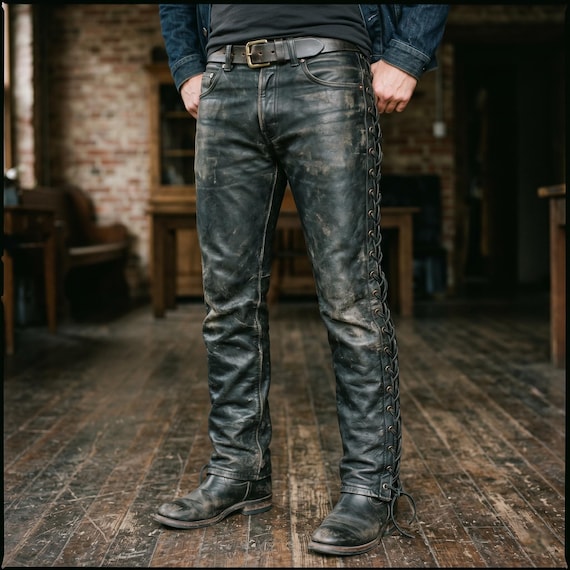 Men Distressed Black Leather Pant | Side Lace-Up Motorcycle-Pants | Biker Cowboy Leather-Trousers | Heavy-Duty Riding-Gear | Gift-for-Him