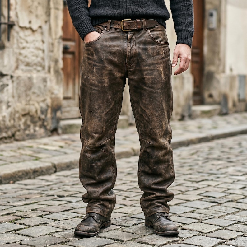 K&ouml;nnte beinhalten: Abgenutzte braune Lederhose mit geradem Schnitt, klassischem F&uuml;nf-Taschen-Design und passendem braunen Lederg&uuml;rtel mit Metallschnalle. Die Hose weist sichtbare Nahtdetails an den Knien auf und wird mit dunkelbraunen Lederstiefeln kombiniert.