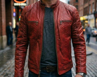 Rood leren herenjack met slangenleer – motorjack van echt lamsleer, jas met exotische textuur voor hem, handgemaakte slimfit rode leren motorrijder